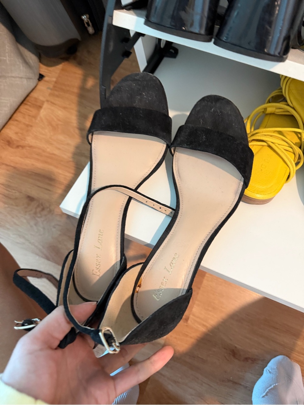 Essex Lane Black Suede Open-Toe Ankle Strap Heels